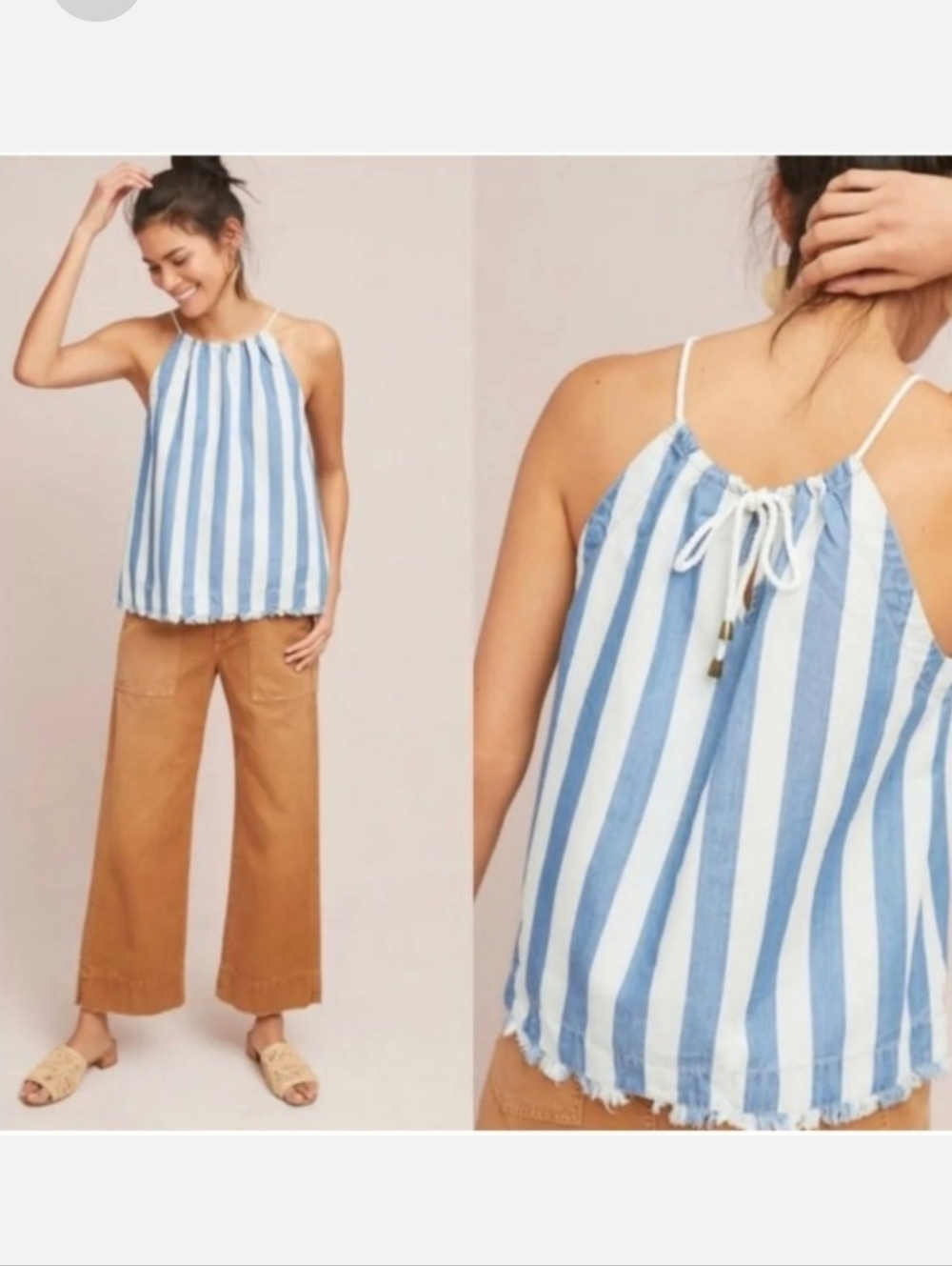 MAEVE Chambray Printed White Blue Halter Top